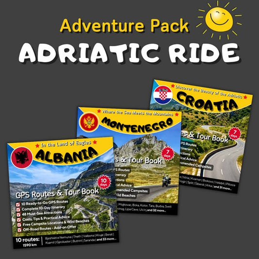 Adriatic Ride Adventure Pack – Motorcycle Tour Books & GPX Routes for Croatia, Montenegro, and Albania. Explore scenic coastal roads, mountain passes, and Adriatic landscapes.