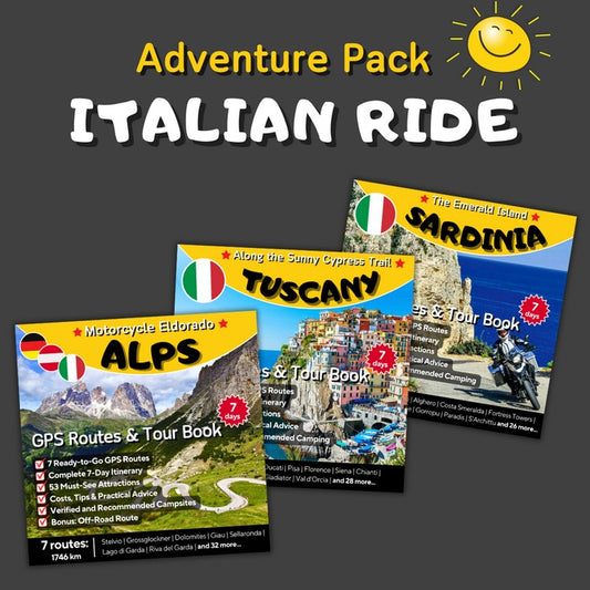 Adventure Pack – Italian Ride featuring motorcycle tour books & GPX routes for Alps, Tuscany, and Sardinia – 3 regions, 1 epic Italian motorcycle journey