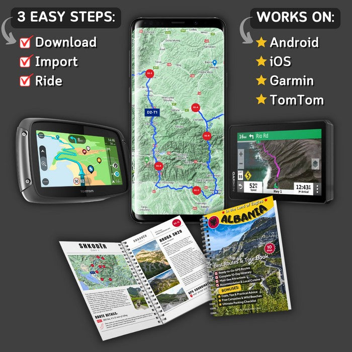 Albania Motorcycle Tour Book with GPX routes – works on Garmin, TomTom, Android and iOS devices.