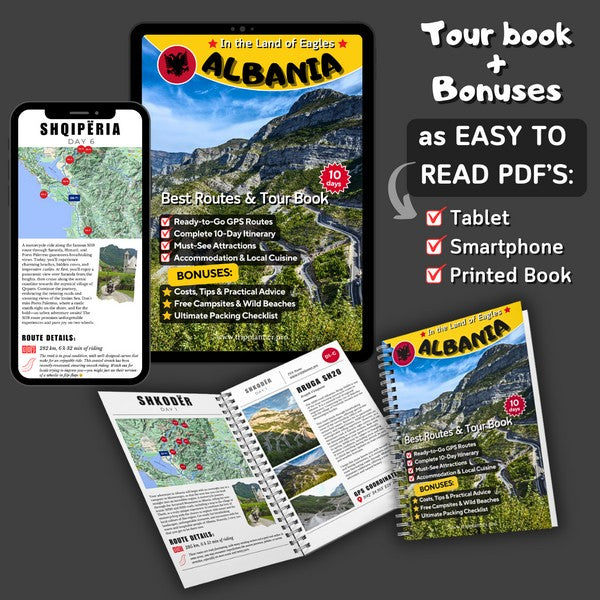 Albania Motorcycle Tour Book and GPX routes – digital PDF for tablet, smartphone and printed book.