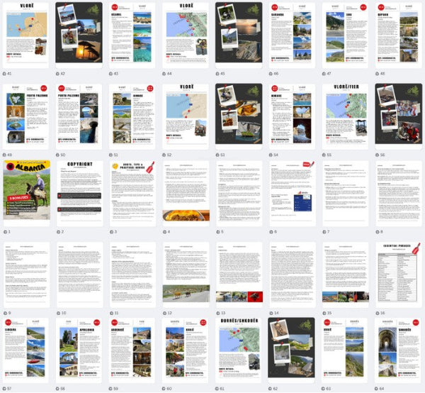 Inside pages of Albania Motorcycle Tour Book with GPX routes, tracks, maps, travel tips and local highlights.