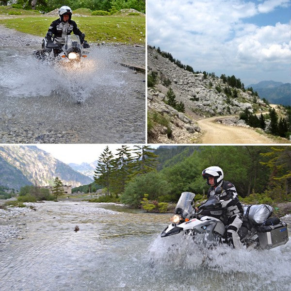 Albania Off-Road GPX tracks Add-On – motorcyclist riding through the wild mountains of Albania, gravel trails, remote mountain passes