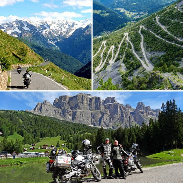 Motorcyclists riding through the Alps on scenic mountain roads with panoramic views and famous hairpin bends in the Dolomites.