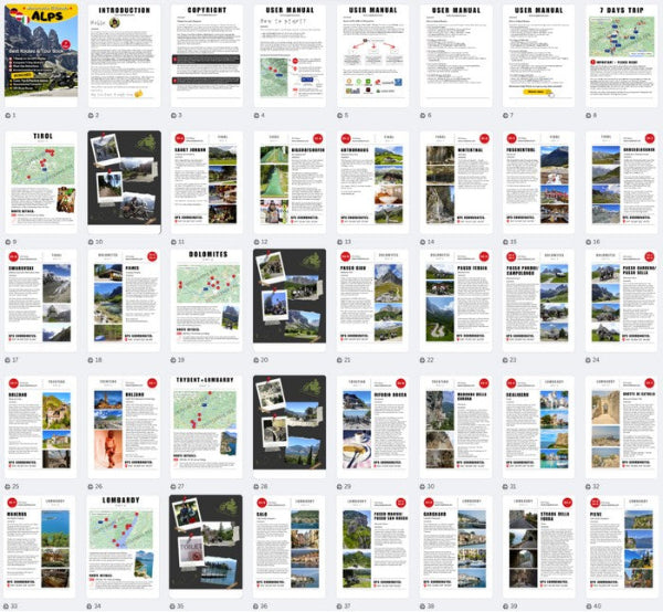 Preview of the Alps Motorcycle Tour Book & GPS Routes – featuring detailed maps, travel itineraries, Dolomites passes, and Tirol to Lombardy motorcycle routes.
