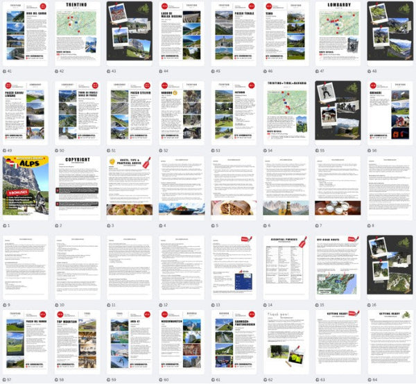 Inside preview of the Alps Motorcycle Tour Book & GPX Routes – including Garda Lake, Trentino and Lombardy maps, off-road routes, bonus travel tips, and essential Italian phrases.