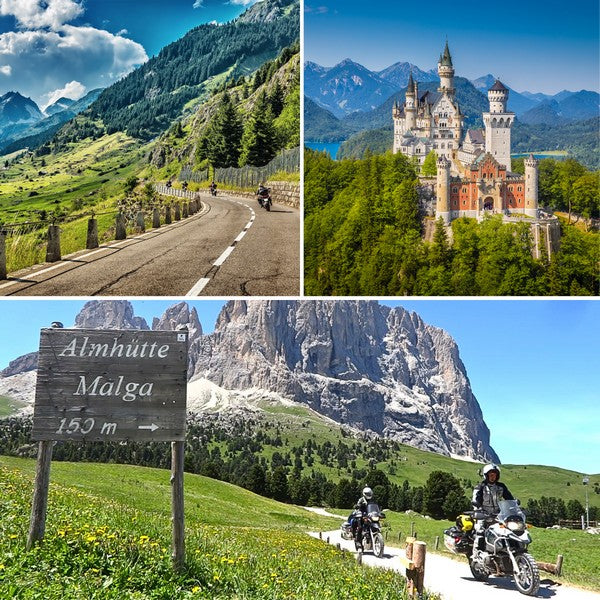 Motorcyclists riding through the Alps and Dolomites near the Neuschwanstein Castle, exploring scenic alpine passes and panoramic mountain routes.