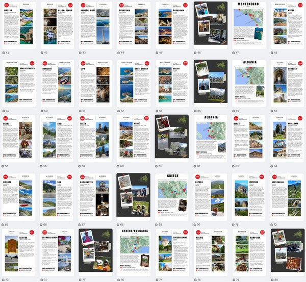Preview of the Balkans Motorcycle Tour Book showing detailed GPX routes and travel guides across Montenegro, Albania, Greece, and Bulgaria, with maps, landmarks, and recommended stops for motorcyclists.