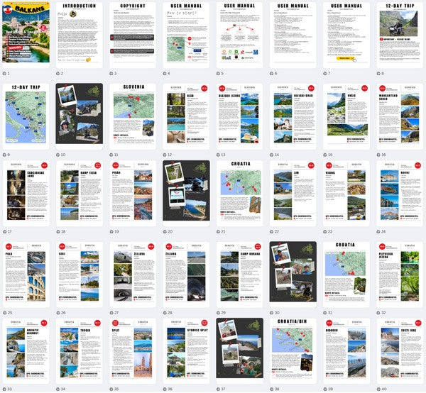 Preview of the Balkans Motorcycle Tour Book & GPS Routes, featuring detailed maps, travel itineraries, and scenic routes across Slovenia, Croatia, Bosnia and Hercegovina and other Balkan countries.