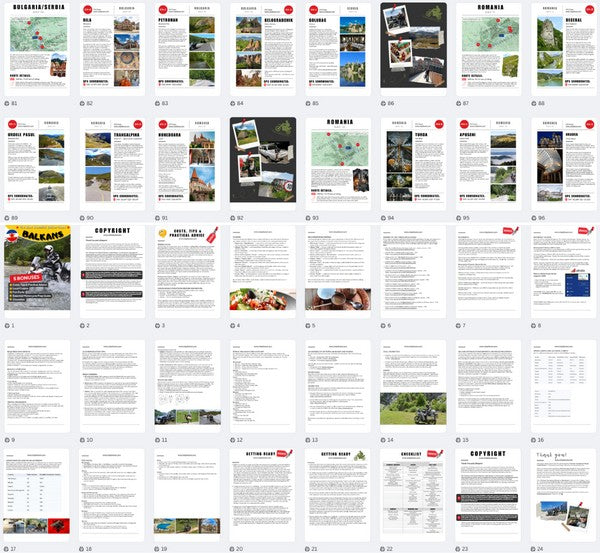 Preview of the Balkans Motorcycle Tour Book showing GPX routes and travel guides across Romania, including Transalpina and Transfagarasan roads, plus bonus sections with tips, checklists, and maps.