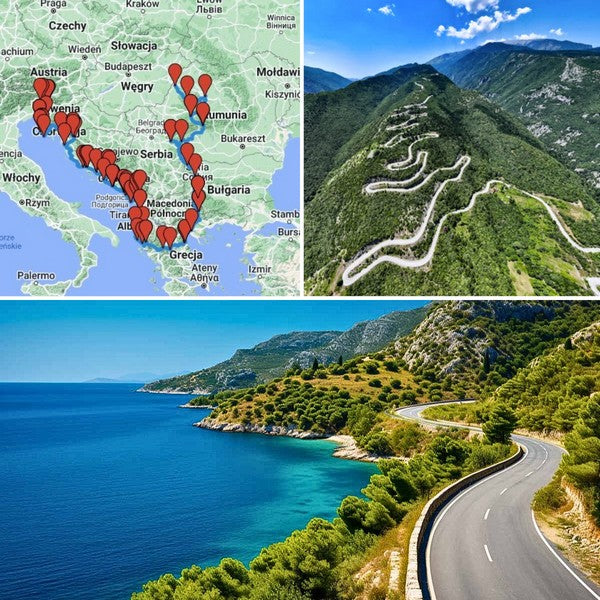 Map of the Balkans Motorcycle Tour with routes across nine countries, featuring scenic serpentine mountain roads and breathtaking Adriatic coastal highways through Croatia, Montenegro, and Greece.