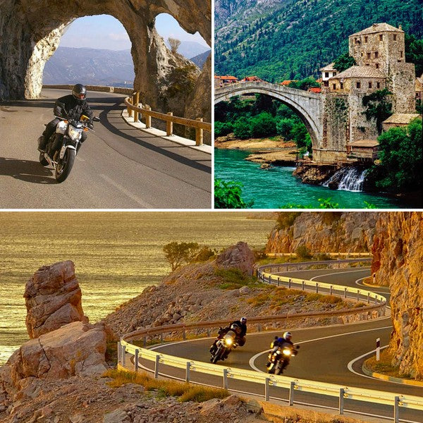 Motorcyclists riding along the Adriatic coastal roads of Montenegro and Croatia, passing through mountain tunnels and visiting the iconic Old Bridge of Mostar in Bosnia and Herzegovina during a Balkans Motorcycle Tour.
