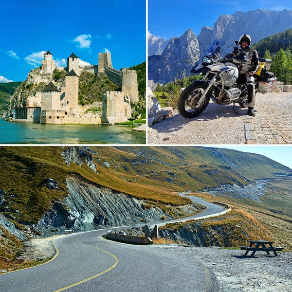 Motorcyclist exploring the Balkans on a scenic ride along Romania’s legendary Transalpina Road and visiting the medieval Golubac Fortress on the Danube River in Serbia – part of the Balkans Motorcycle Tour.