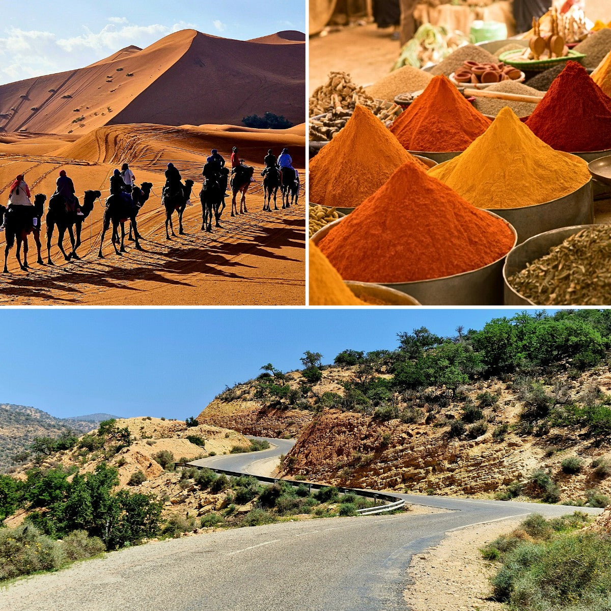 Morocco Motorcycle Tour: Sahara desert dunes with camel trekking, spice mounds in market, and scenic mountain road for adventure riding.