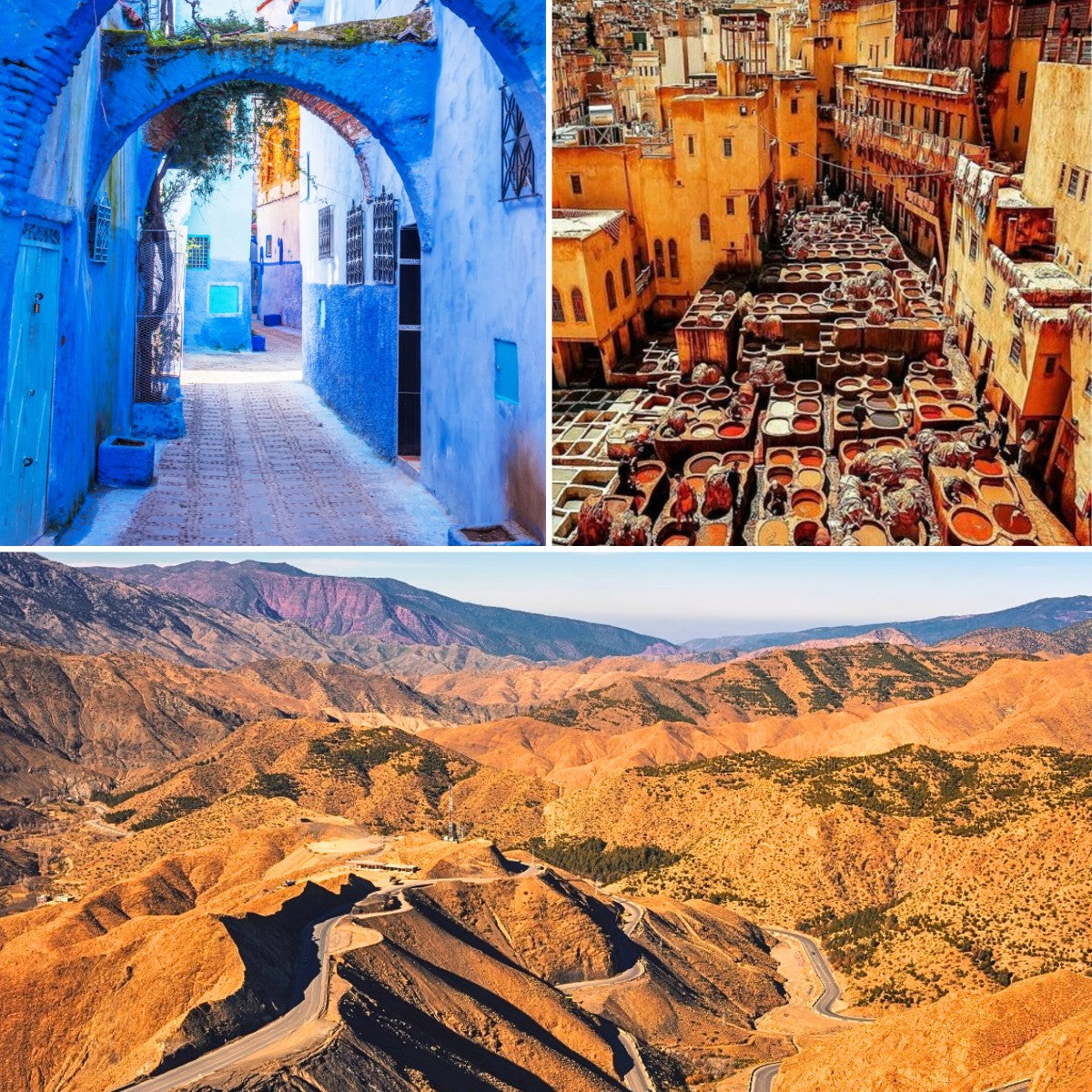 Morocco Motorcycle Tour: Collage of Chefchaouen Blue City, Fes Medina tannery, and winding roads in the Moroccan Atlas Mountains.