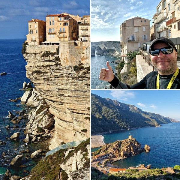 Corsica Motorbike Tour: View of the spectacular white cliffs of Bonifacio and coastal roads, included in the detailed self-guided GPX itinerary.