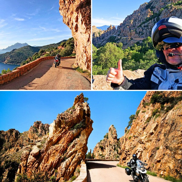 Corsica Motorbike Tour: Riding the challenging D81 coastal road through the red granite Calanques de Piana, included in the ready-to-use GPX files.