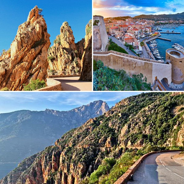 Corsica Motorcycle Tour: Riding the spectacular D81 coastal road through the Calanques de Piana, included in the self-guided 7-day GPX routes.