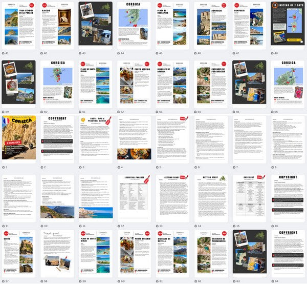 Corsica Roadbook inside preview showing attractions like Bonifacio and Porto Vecchio, detailed daily maps, and essential tips for using the GPX routes.