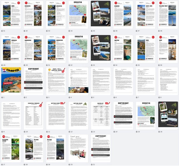 Croatia Motorcycle Tour Book & GPX Routes – inside preview of PDF pages with maps, routes, attractions, and bonus materials for riders.