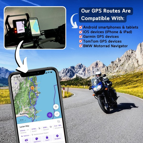 Image confirming that all GPS Routes are compatible with Android, iOS (iPhone/iPad), Garmin, TomTom GPS devices, and BMW Motorrad Navigator, ensuring easy upload for every motorcycle touring guide.
