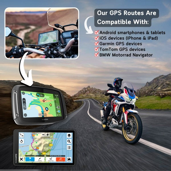 Visual confirmation that all GPS routes are fully compatible with dedicated navigation devices like TomTom and Garmin, as well as Android/iOS smartphones. Perfect for any motorcycle touring adventure.