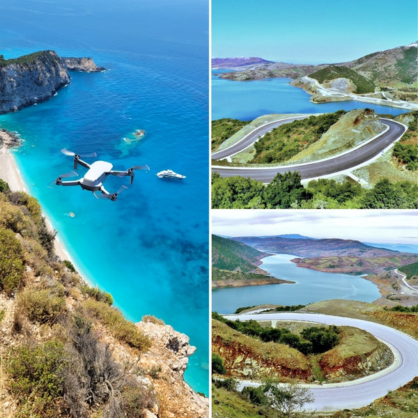 Diverse scenic collage of Greece: Drone shot over a secluded turquoise beach and cliffs, alongside two images of winding motorcycle roads bordering large, beautiful lakes and reservoirs, perfect for touring.