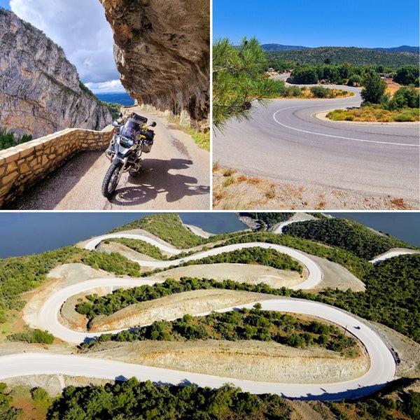 Adventure motorcycle parked on a dramatic coastal road sheltered by a rock overhang, shown with aerial views of extreme, winding serpentine roads in the Greek mountains—all part of the 10-day tour