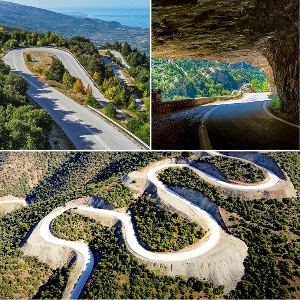 Stunning collage of Greece's winding motorcycle roads, featuring mountain switchbacks, a scenic coastal highway, and a picturesque tunnel on a bright day. Ideal for motorcycle touring in Greece