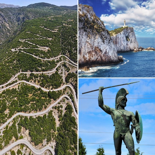 Captivating collage of Greece's diverse landscapes for motorcycle touring, featuring winding mountain roads, the iconic Cape Lefkada lighthouse on rugged cliffs, and a historical Spartan warrior statue.