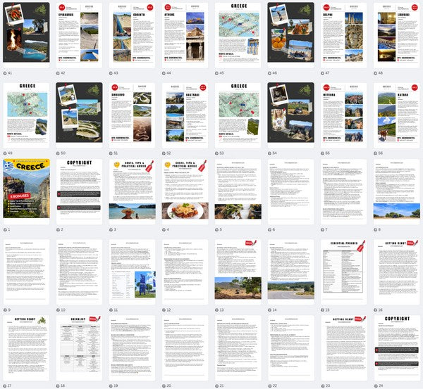 Image showing bonus resources included with the Greece Motorcycle Tour Book: Essential travel tips, cost breakdown, Greek phrasebook, packing checklist, and local cuisine guide. Complete resources for stress-free adventure planning.