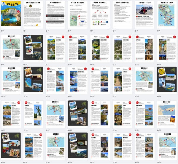 Inside preview of the Greece Motorcycle Tour Book & GPS Routes, showing 40+ pages of detailed routes, maps, must-see attractions, daily itinerary, and regional guides for Peloponnese, Meteora, and Epirus.