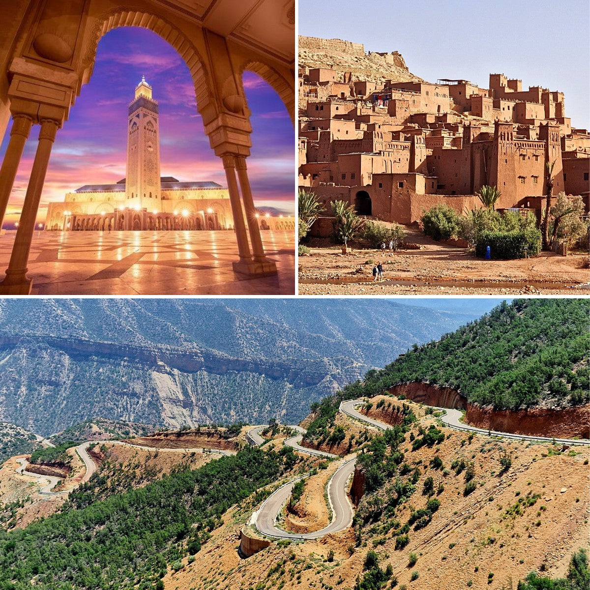 Morocco Motorcycle Tour: Collage of Hassan II Mosque (Casablanca), Ait Benhaddou Kasbah, and scenic winding Atlas Mountains GPX roads.