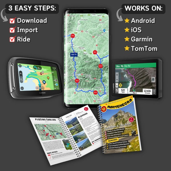 Montenegro Motorcycle GPX Routes and Tour Book – works on Garmin, TomTom, Android, and iOS devices.