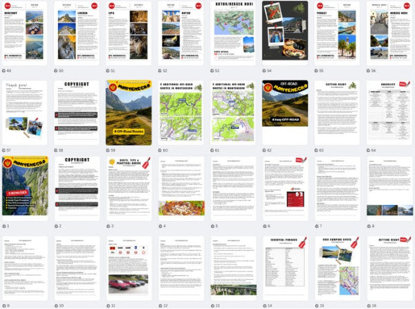 Montenegro Motorcycle Tour Book preview with off-road routes, travel tips, phrasebook, and GPX maps for riders.