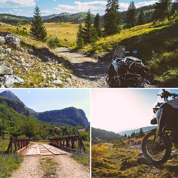 Montenegro Off-Road GPX tracks Add-On – motorcyclist riding through the wild mountains of Montenegro, gravel trails, remote mountain passes
