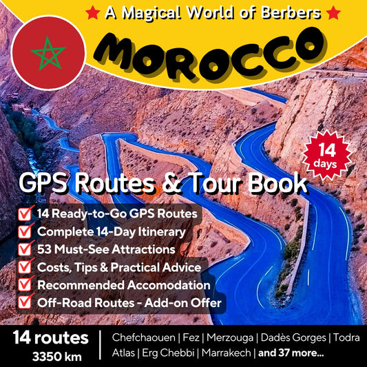14-day motorcycle tour book and GPS routes for Morocco, featuring Atlas Mountains, Chefchaouen, Dades Gorges, and Marrakech.
