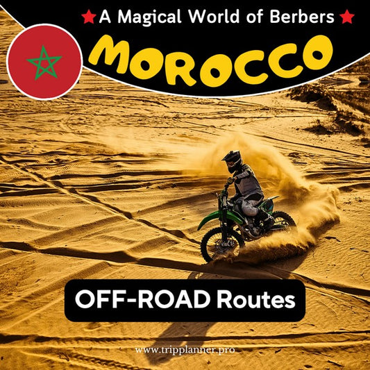 Morocco Off-Road Routes cover: Adventure motorcycle riding on sand dunes, showing GPX routes availability for your tour add-on.