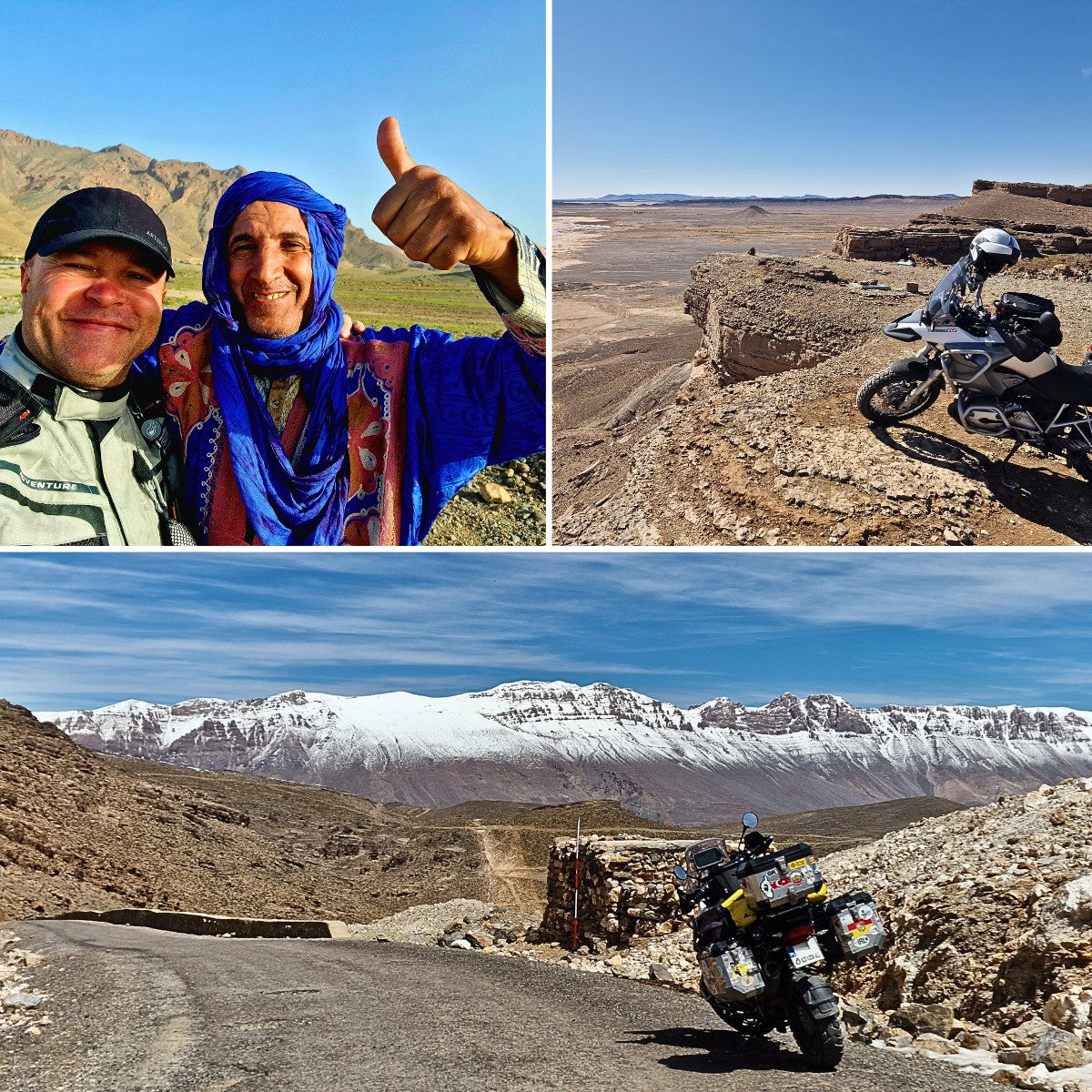 Morocco Motorcycle Tour: Rider posing with local Berber, BMW bike on high desert plateau, and snowy Atlas Mountains pass road.