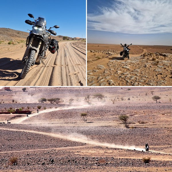 Morocco off-road motorcycle adventure: Riding GPX routes through desert trails, sand dunes, and rocky landscapes for dual-sport bikes.