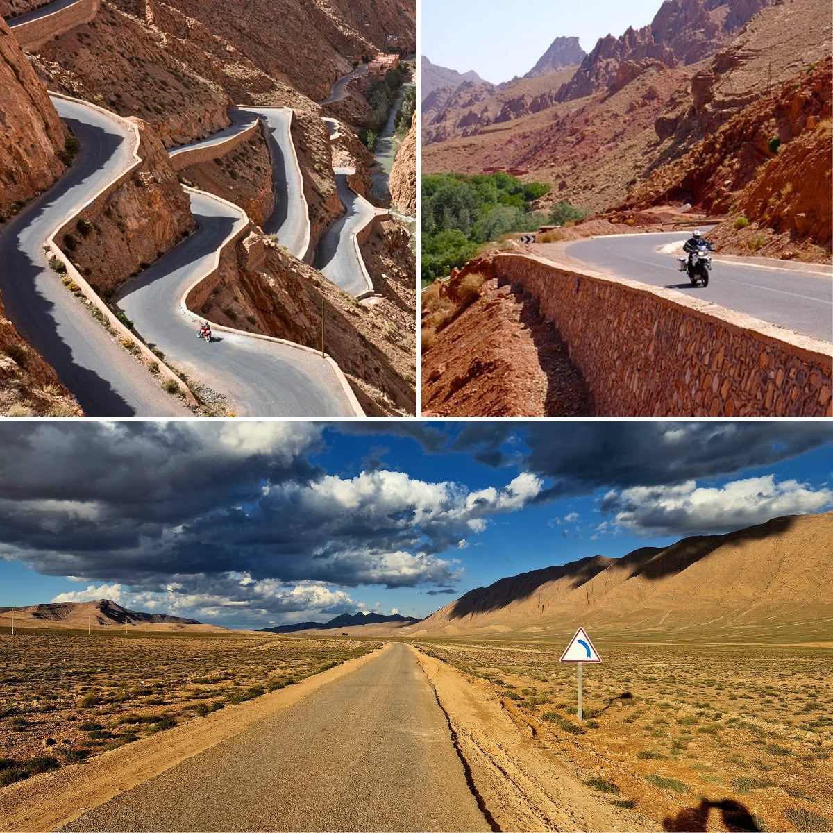 Morocco motorcycle trip showing iconic Dades Gorges hairpins and scenic open road in the Atlas Mountains, an essential view for adventure riding and best time to ride Morocco information