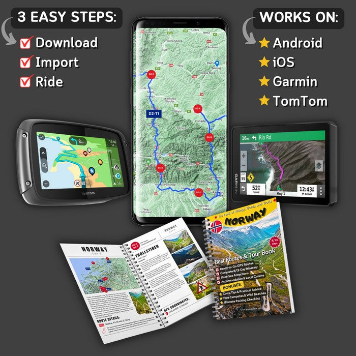 Norway GPX Routes: motorcycle guide works on Garmin, TomTom, Android, and iOS devices for self-guided tours.