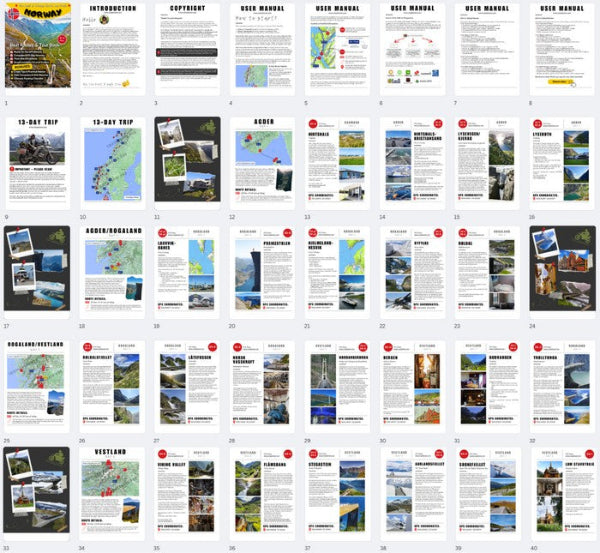 Inside preview of Norway Motorcycle Tour Book & GPX Routes showing scenic roads, fjords, Trollstigen, and travel maps for motorcyclists