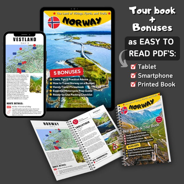 Norway Motorcycle Tour Book cover: Self-guided 8/13-day GPX tracks including the best roads, ready for motorcyclists.