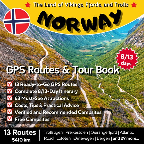 Norway Motorcycle Tour Book cover: Self-guided 8/13-day GPX routes including scenic roads Trollstigen, Atlantic Road and Norwegian fjords, ready for adventure.