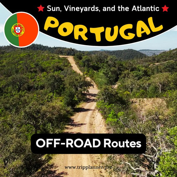 Adventure motorcycle on a winding gravel trail through the sun-drenched vineyards and rolling hills of Portugal. Portugal Off-Road GPX tracks Add-On.
