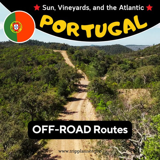 Adventure motorcycle on a winding gravel trail through the sun-drenched vineyards and rolling hills of Portugal. Portugal Off-Road GPX tracks Add-On.