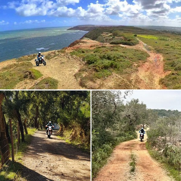 Motorcyclist riding challenging off-road trails with rugged cliffs and panoramic views in Portugal - perfect for adventurous off-road motorcycle tours.