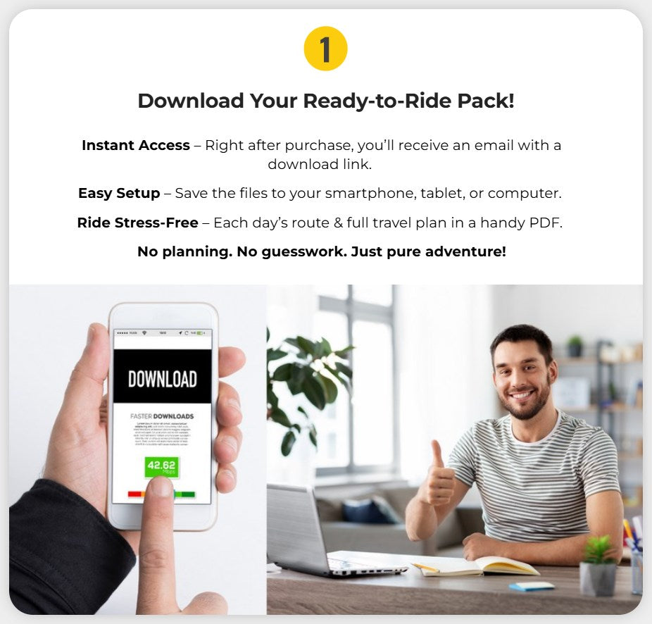 Step 1: Digital product instant download and easy setup. Image shows a happy customer receiving the 'Ready-to-Ride Pack' via email link for stress-free travel planning and immediate access to GPS routes and PDF itinerary.