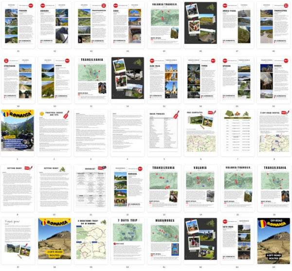 Inside pages of Romania Motorcycle Tour Book & GPX Routes – maps, off-road tracks and wild camping spots.