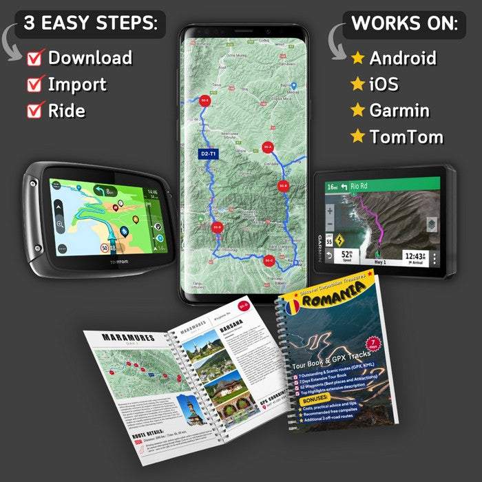Romania Motorcycle Tour Book with GPX routes for Garmin, TomTom, Android and iOS – easy to download, import and ride.